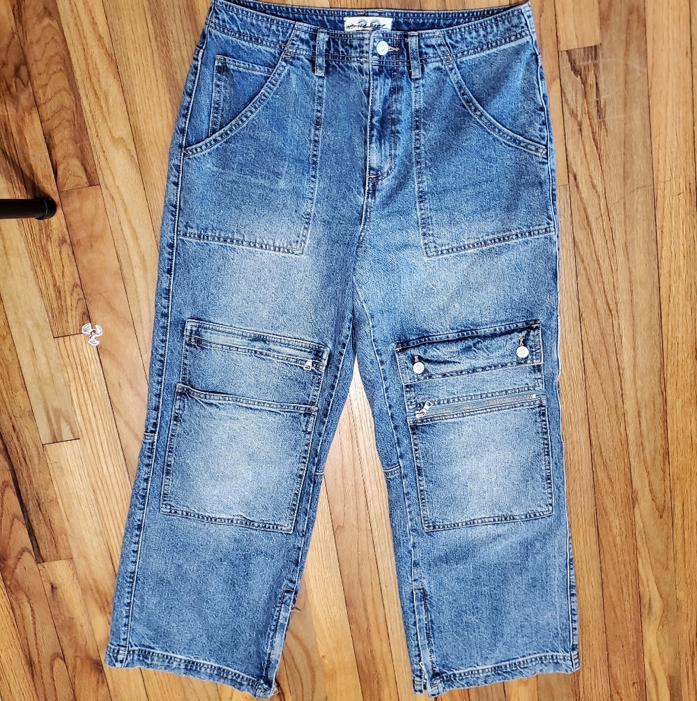 Free People We The Free Cargo Patchwork Jeans Wide Leg Utility Denim Size 29 - Picture 4 of 7